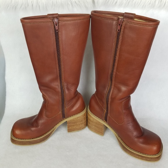 SOLD FRYE Dena Leather Stacked Cognac Boots - Picture 2 of 8